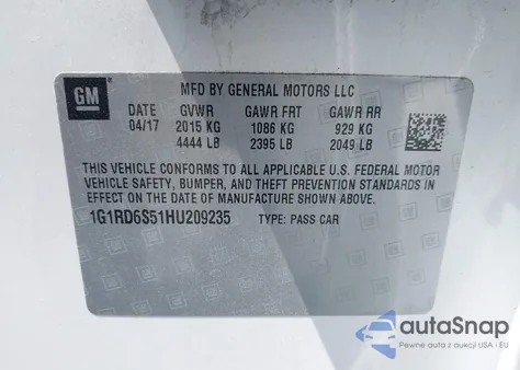 2017 Chevrolet Volt Premier z USA, uszkodzony, nr VIN 1G1RD6S51HU209235